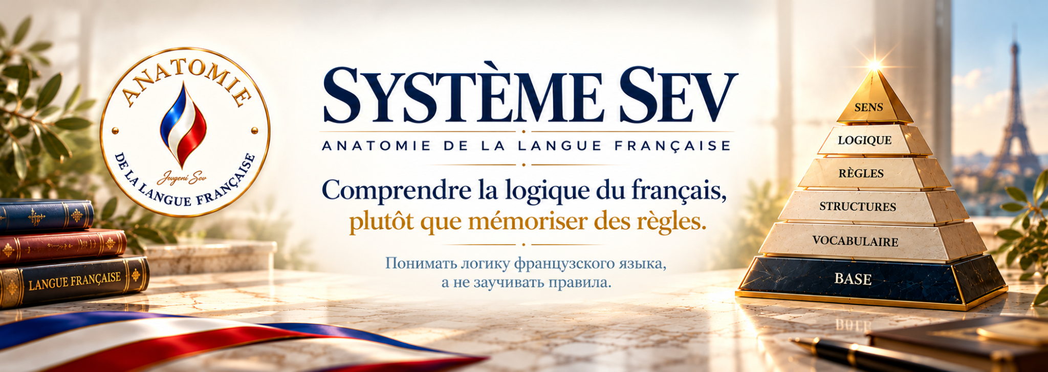 SYSTÈME SEV — ANATOMIE DE LA LANGUE FRANÇAISE. Comprendre la logique du français, plutôt que mémoriser des règles. Понимать логику французского языка, а не заучивать правила. Эмблема Jevgeni Sev слева, золотая шестиступенчатая пирамида справа.